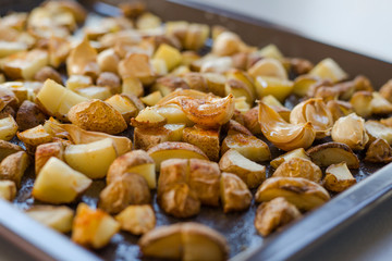 Roasted Potatoes Close Carlic Cloves