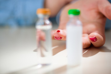 Examine sugar. Blocking sugar testing, woman finger lancet punctures. Close up.