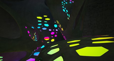 Abstract  Concrete and Glass Futuristic Sci-Fi interior With Colored Glowing Neon Tubes . 3D illustration and rendering.