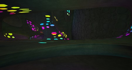 Abstract  Concrete and Glass Futuristic Sci-Fi interior With Colored Glowing Neon Tubes . 3D illustration and rendering.