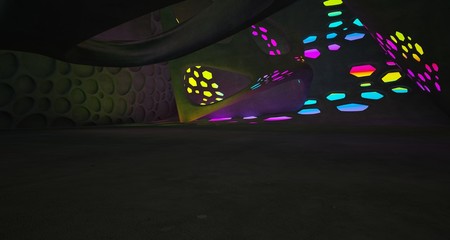 Abstract  Concrete and Glass Futuristic Sci-Fi interior With Colored Glowing Neon Tubes . 3D illustration and rendering.