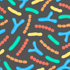 Seamless pattern with probiotics. Bifidobacterium, lactobacillus, streptococcus thermophilus, lactococcus, propionibacterium. Medicine or dietary supplements for gastrointestinal health. Vector, eps10