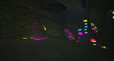 Abstract  Concrete and Glass Futuristic Sci-Fi interior With Colored Glowing Neon Tubes . 3D illustration and rendering.