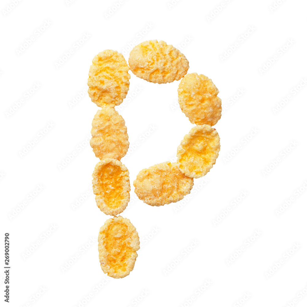 Wall mural yellow cornflakes letter p isolated on white background. alphabet cereal flakes.