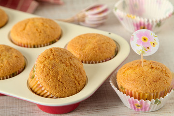 Fototapeta na wymiar Yogurt muffins with healthy and simple ingredients on a table, close up