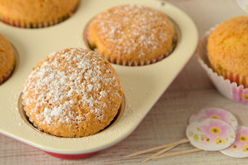 Fototapeta na wymiar Yogurt muffins with healthy and simple ingredients on a table, close up