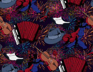 Seamless pattern. Holidays and fireworks, couple dancing tango and musicians - obrazy, fototapety, plakaty