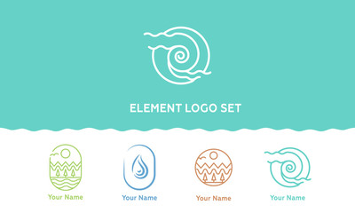 Beauty; logo set of Nature Elements (Vector linear Icons). Vector logo template. Beautiful options for spa, cosmetics salon or resorts. Wood, air, earth and water. - Vector
