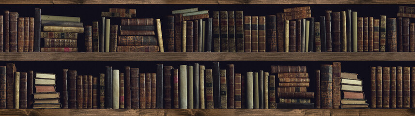 Collection of valuable ancient books on a bookshelf