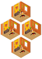 Chair yoga in isometric room/ Illustration a woman practiced yogа sitting on a chair. Isometric interior