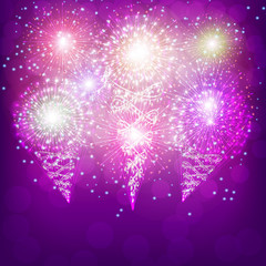 Brightly Lilac Fireworks. Holiday fireworks background. Illustration of Fireworks. Illustration with lilac background.