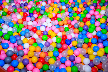 Fototapeta na wymiar Background colored balls for a dry pool. Bright colors of balls. Plastic balls a lot