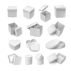 Various opened and closed cardboard boxes mockup. Big set of white containers in square, round and love heart shapes. Realistic boxes isolated on white background. Packaging case vector illustration.