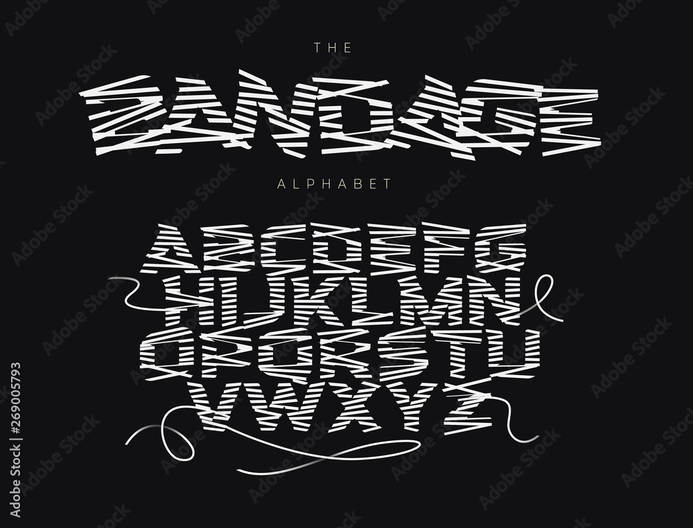 Poster Bandage vector letters set. White pencil shading style alphabet. Thread vector font. Lacing ABC concept.