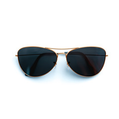 Realistic dark sunglasses lie on gray background. Summer poster. 3D model render illustration