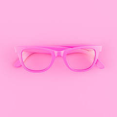 Realistic pink sunglasses lie on pink background. Summer poster. 3D model render illustration