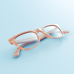 Realistic wood sunglasses lie on blue background. Summer poster. 3D model render illustration