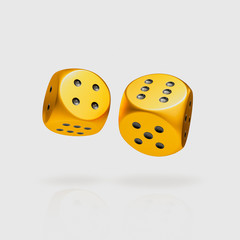 Flying golden dice isolated on white background. 3D rendering model illustration
