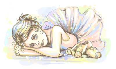 Ballet. Hand-drawn sketch of a cute little dreamy girl ballerina in a tutu with pointe shoes on a white background with watercolor splashes.