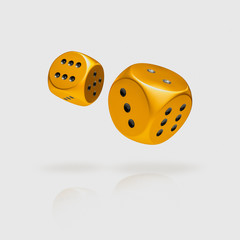 Flying golden dice isolated on white background. 3D rendering model illustration