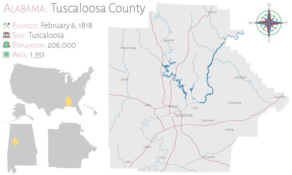 Large and detailed map of Tuscaloosa county in Alabama, USA
