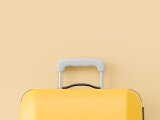 Suitcase with sun glasses, slippers, hat, suntan cream, phone and camera on yellow minimal style background. Travel concept. 3D model render visualization illustration