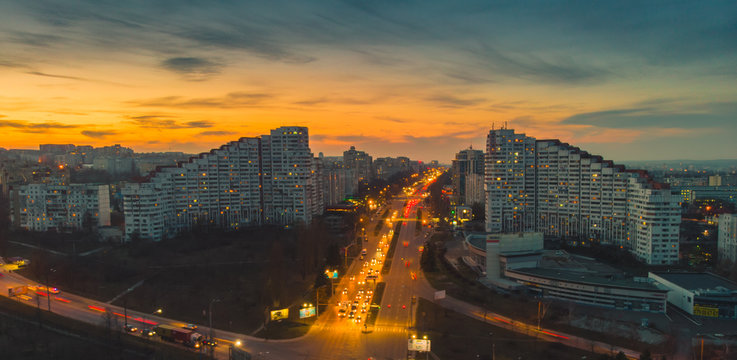 Beautiful night city. The gates of the city of Chisinau, Moldova, aerial view