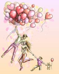 A happy family travels on pink heart-shaped balloons. Hand-drawn sketch with splashes of watercolor depicting family, joy and love.