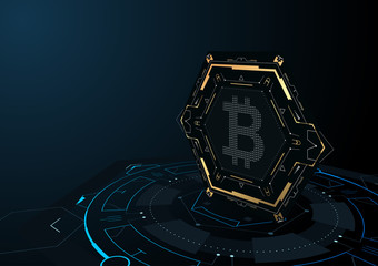 Futuristic bitcoin symbol on a dark background.