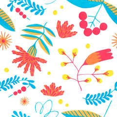 Minimal floral pattern. Seamless colorful flower pattern with herbal ornament elements on white background. Flower Scandinavian style. Folk illustration for simple design.