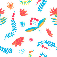 Obraz premium Minimal floral pattern. Seamless colorful flower pattern with herbal ornament elements on white background. Flower Scandinavian style. Folk illustration for simple design.