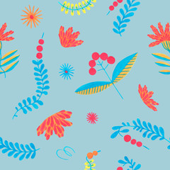 Fototapeta na wymiar Cute hand drawn floral colorful seamless pattern on light blue background. Simple scandinavian style with folklore design. Delicate herbal pattern for scrapbooking, wrapping paper, textile.