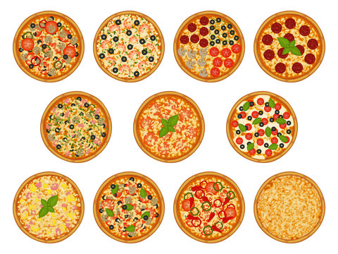 Collection of pizza with various ingredients. Margherita, pepperoni, seafood, cheese, vegetarian, mexican. Objects for packaging, advertisements, menu. Isolated on white. Vector illustration. Cartoon.
