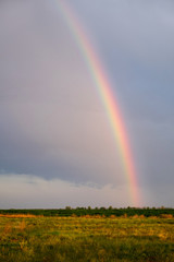 Big rainbow on the backdrop of a rainy sky