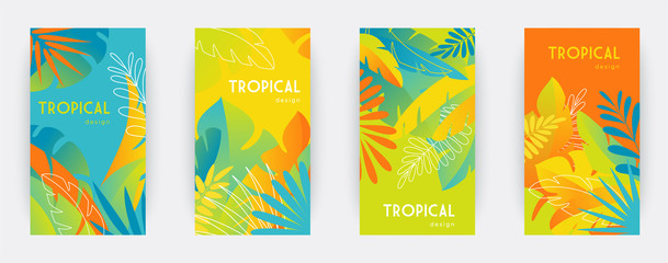 Fototapeta na wymiar Tropical themed banners set. Creative compositions of colorful palm leaves and branches. Abstract geometric design templates for posters, covers, wallpapers with place for text. Flat style vector