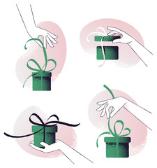 Perfect gift! Woman's hands holding a giftbox and a ribbon in various gestures, unbows a bow-knot. Hand-drawn flat style vector illustration. Iconic elements for vintage design.