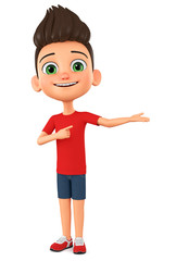 Cartoon character guy in the red shirt points to an empty hand. 3d rendering. Illustration for advertising.