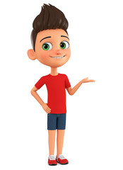 Cartoon character boy points hand at empty space on a white background. 3d rendering. Illustration for advertising.