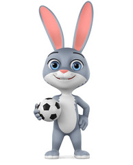 Cartoon character gray rabbit by a soccer ball on a white background. 3d rendering. Illustration for advertising.