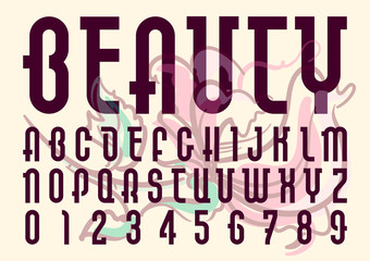 Font name Beauty. Trendy alphabet, brown vector letters on a flower background