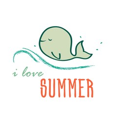 Fototapeta na wymiar I love summer. Cute cartoon Happy whale on the wave. Colorful vector illustration isolated on white background for poster, banner, print etc.