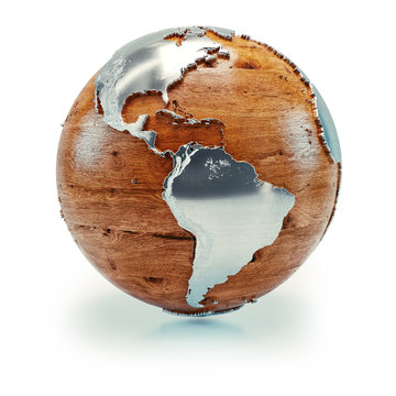 Wooden globe with metal continents