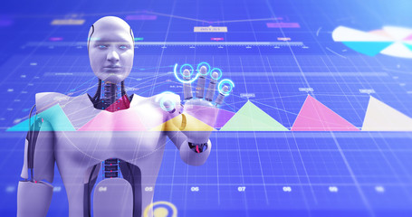 Humanoid Robot Calculating And Analyzing Big Data. Artificial Intelligence related 3D Illustration Render.