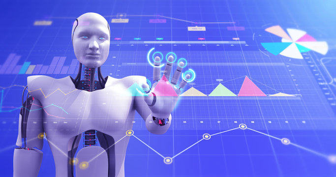Humanoid Robot Calculating And Analyzing Big Data. Artificial Intelligence related 3D Illustration Render.