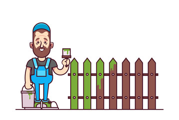Cartoon Doodle Character. Worker with Brush Painting the Fence. Vector Illustration