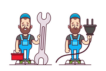 Cartoon Doodle Character. Repairman with Toolbox, Wrench and plug. Vector Illustration