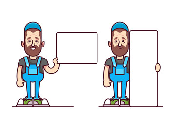 Cartoon Doodle Character. Repairman Holding Empty Boards. Vector Illustration
