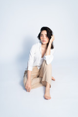 Portrait young Asian girl on white background.