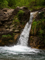 Waterfall detail, vertical. Cascate di Fiacciano aka Bozzi delle Fate ie Fiacciano waterfalls, aka The Fairy Ponds . Fivizzano, north Tuscany, Italy.