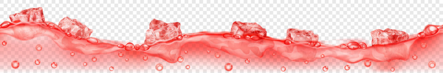 Horizontal banner with seamless wave. Translucent red ice cubes and many air bubbles floating in water on transparent background. Transparency only in vector format